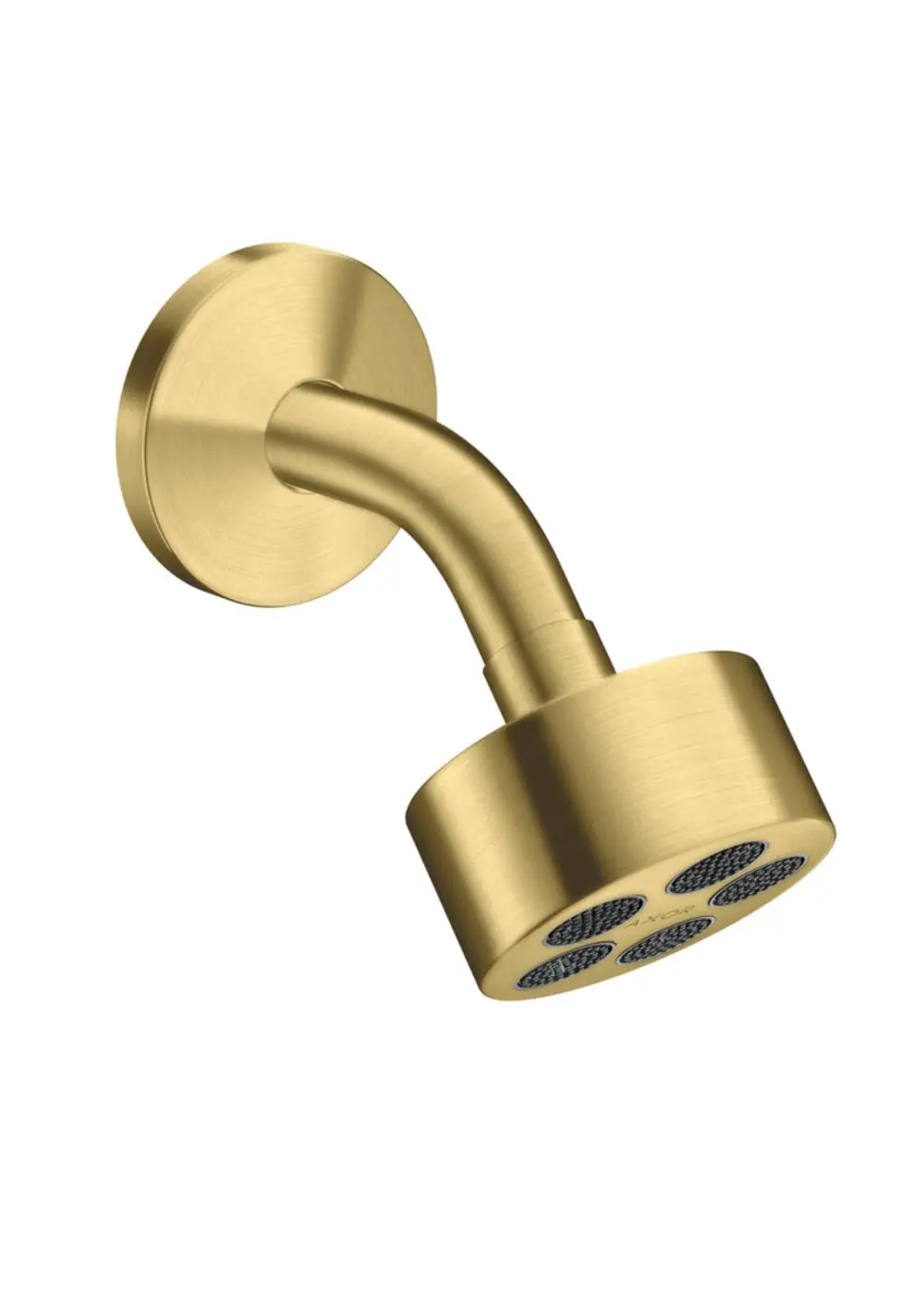 Kopfbrause in gebürstetem Messing mit Brausearm, hergestellt von AXOR. Design mit runder Kopfbrause und festen Düsen für Wasserabgabe.